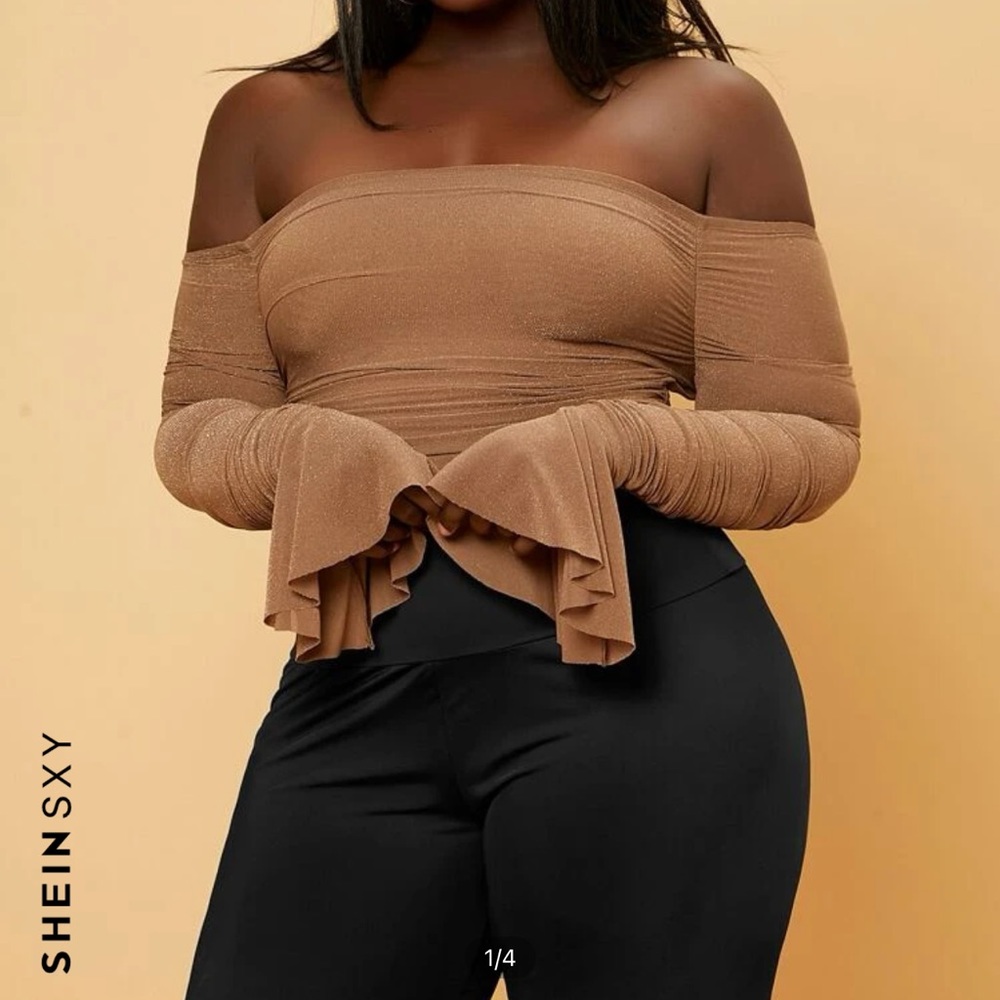 Off Shoulder Flounce Runched Glitter Tee Top
